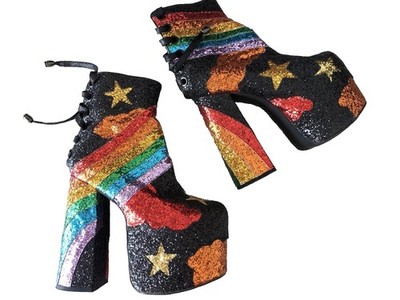 NEW Dolls Kill Current Mood Rainbow Glitter Platform Boots Size 7 Bootie Retro