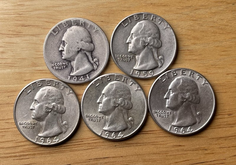 Washington Quarter 5 Coin Lot Used Circulated Condition 90% Silver US Coins