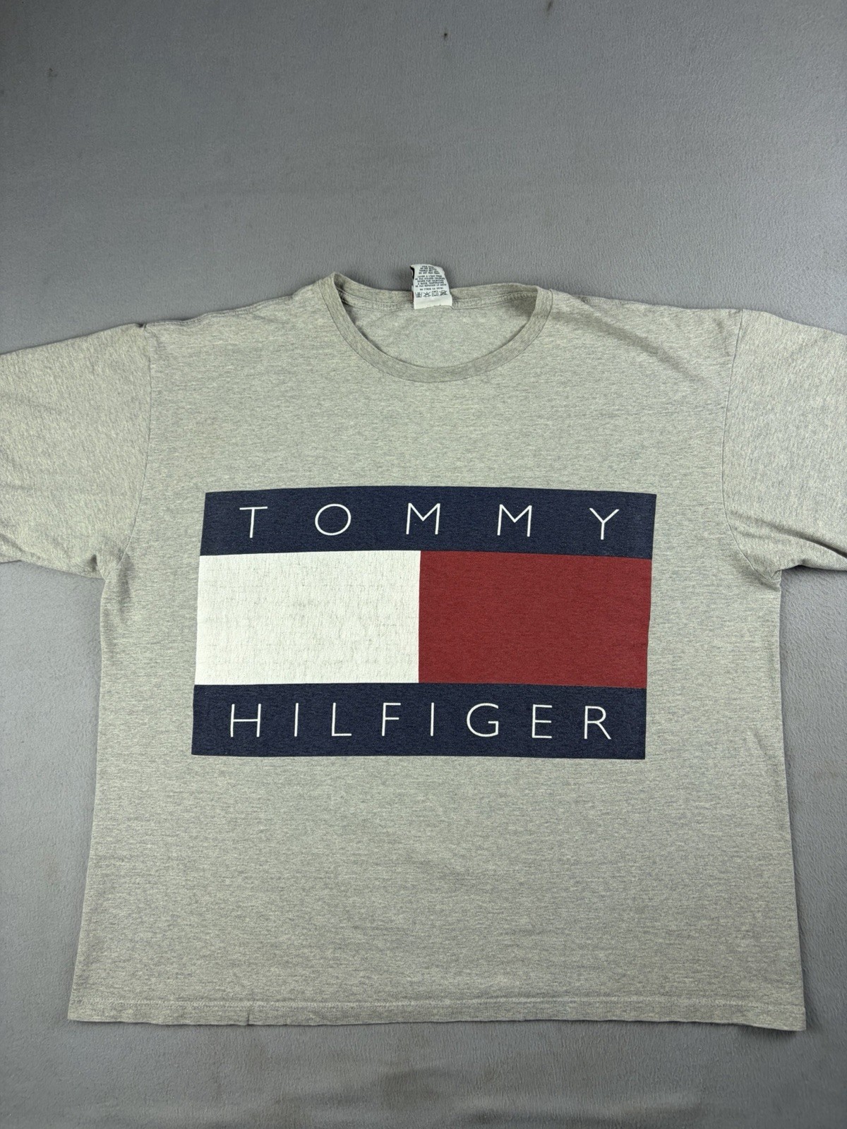 Vintage Tommy Hilfiger Big Flag T Shirt Size 2XL Fits XL Gray Short Sleeve 90s
