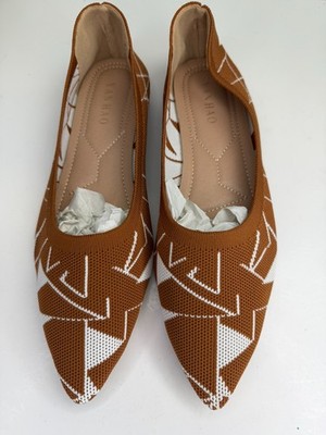 Yanhao Womens Pointed Toe Brown/White Flat Shoes Sz US 11.5 Woven Slip On