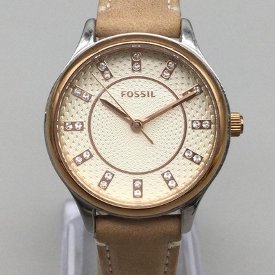 Fossil Womens Watch 30mm Cream Dial Beige Leather Crystals BQ1576