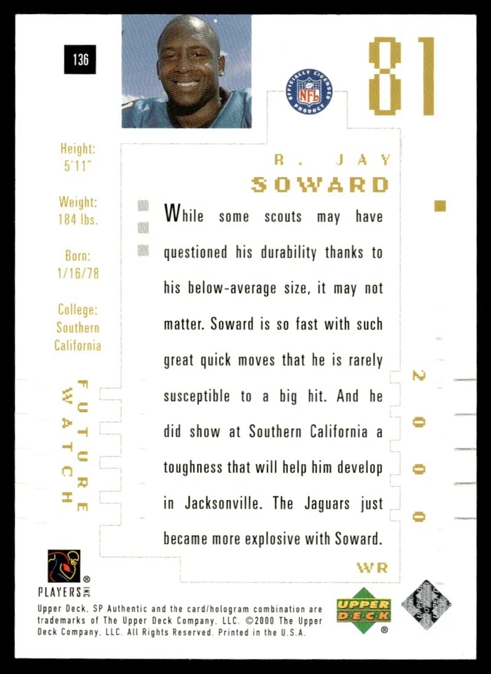 2000 SP Authentic R.Jay Soward Rookie 0165/1250 Jacksonville Jaguars #136 - Image 2 of 2