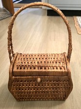 Vintage 1950's Hand-Made Single Handled Wicker Purse Sewing Basket W/ Hinged Lid