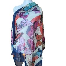 NWT Collection 18 Women's Scarf Sheer Butterflies Colorful 48"x48" Blue Border