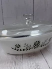 Vintage Glasbake Casserole Dish J235 1 QT Green Daisy Milk Glass Oval With Lid