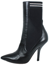 FENDI Black Leather Knit ROCKOKO High Heel Sock Ankle Boots 40