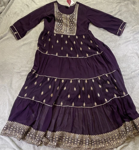 Neerus Dress Georgette Women’s XL Maxi Long Cut 54 in Silk Gold Detail Purple