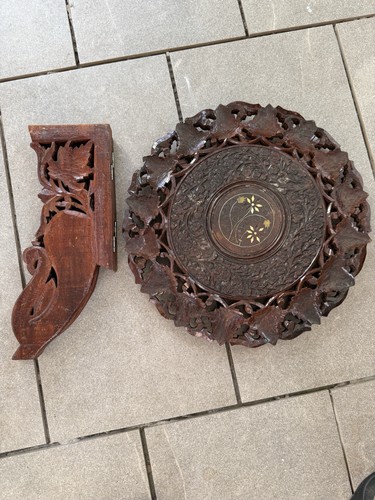 Tavolino pieghevole vintage in legno indiano floreale foglia intagliato a mano - Foto 5 di 7