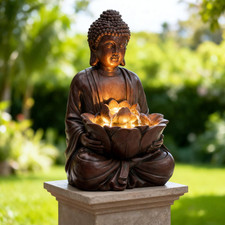 18.9" H Buddha Outdoor Water Fountain, Zen Style Garden Fountain with LED Lights