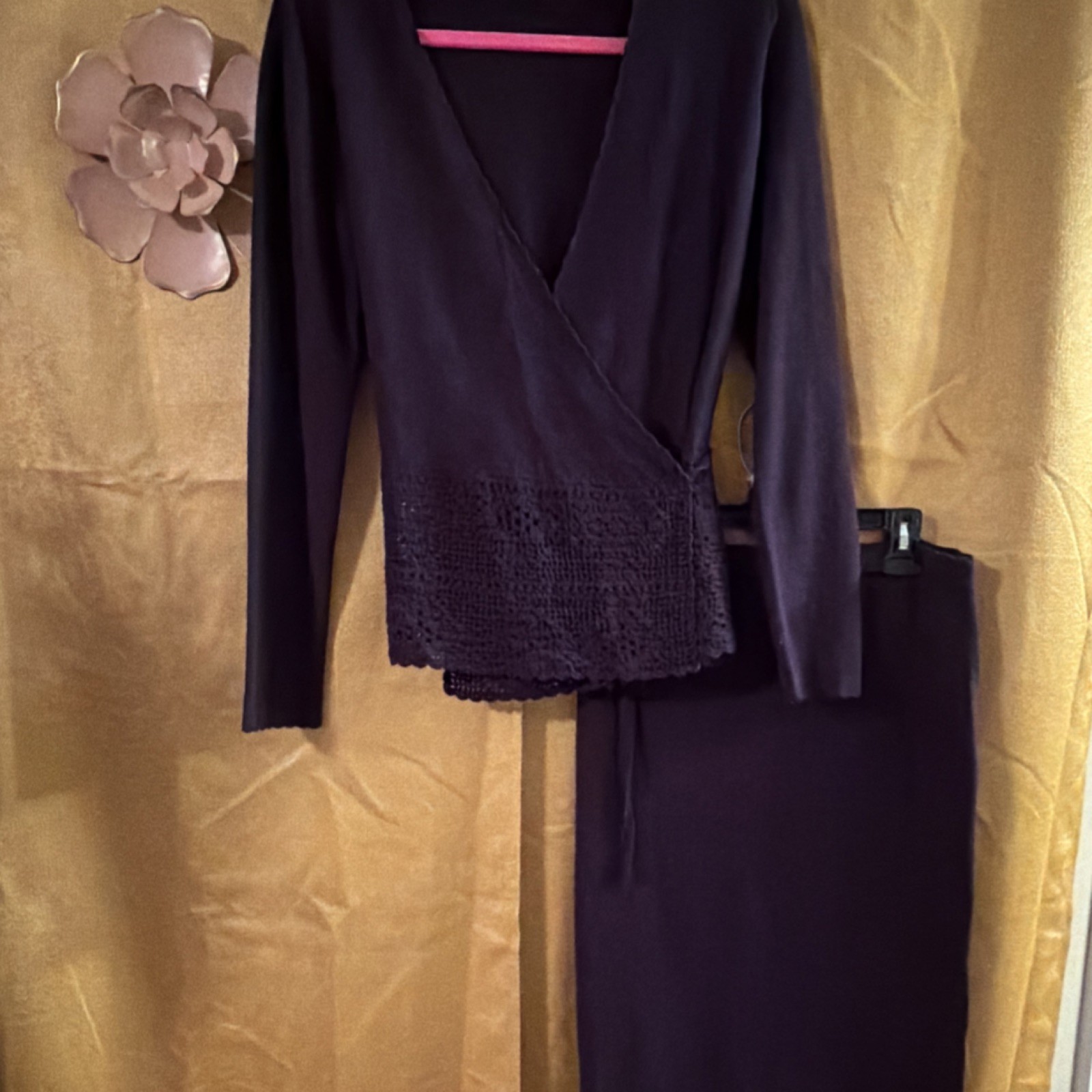 Jones New York Purple Knit Sweater & Skirt Set M Rayon Blend V-Neck Long Sleeve