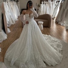 Sweetheart A-Line Wedding Dresses Shiny Beaded Long Sleeve Princess Bride