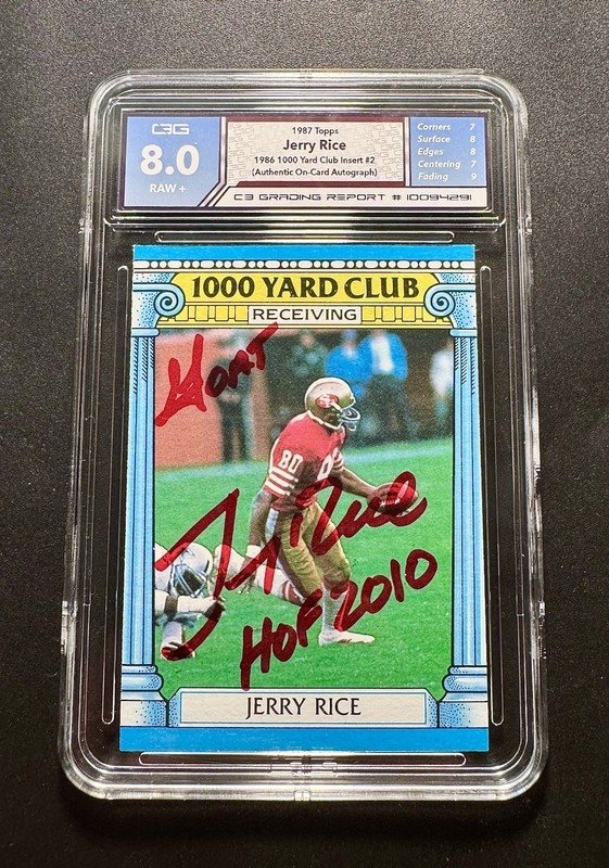 1987 Topps #2 1000 Yd Club Jerry Rice Signed Auto Inscriptions C3 Grading 8.0