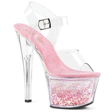 Pleaser 7 Inch Heel Clear Ankle Strap Platform Sandal With Red Glitter Sky