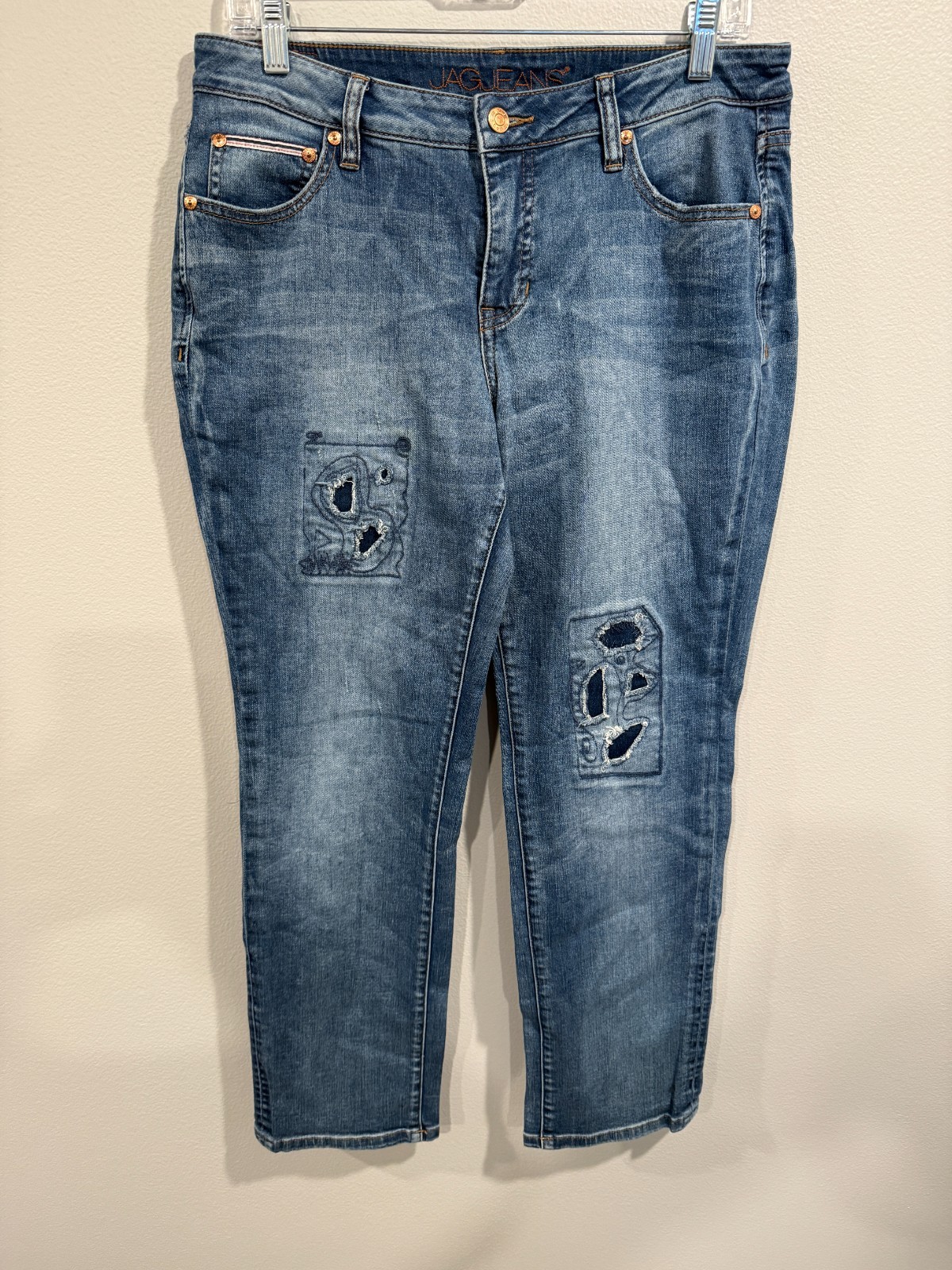 Jag Relaxed Boyfriend Jeans Women 10 Blue Denim Distressed Straight Leg 5 Pocket