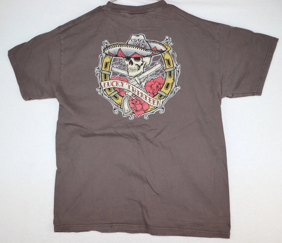 Lucky 13 衬衫男式大号棕色骷髅枪玫瑰纹身图案美国制造棉 — 第 2/4 张图片