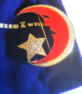 BUTLER UND WILSON goldfarbene rote KRISTALL MOND & STERN BROSCHE NEU IN VERPACKUNG