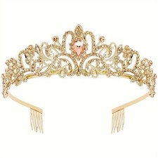 Wicked Silk Prom, Quinceanera Jeweled Crown Tiara Headband - Gold Champagne