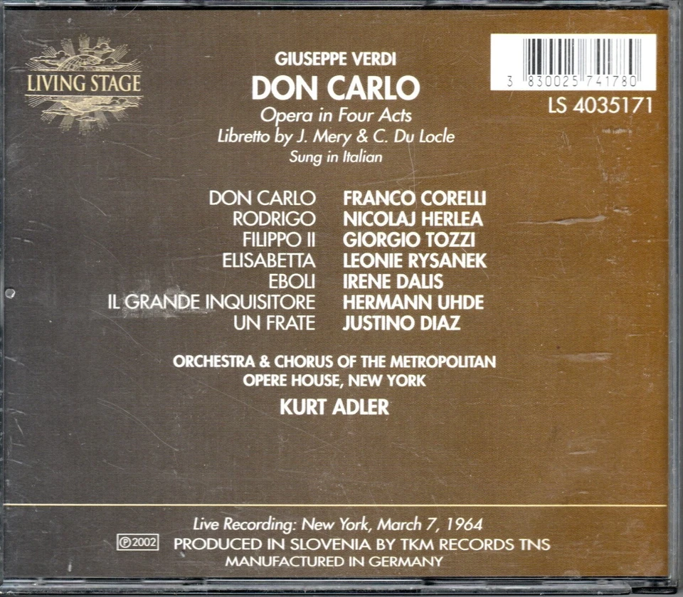 VERDI - DON CARLO - CORELLI - RYSANEK - ADLER - 1964 - LIVING STAGE - Image 2 of 2