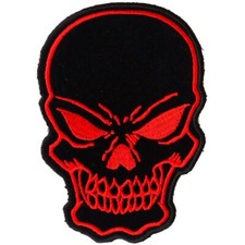 Embroidered Patch Iron-On , Evil Skull Red on Black, 3" x 4.25"