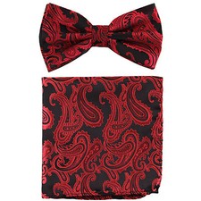 New Brand Q men's pre-tied bow tie hankie paisley micro fiber formal black red