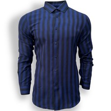 Blue Slim Fit Long Sleeve Shirt Striped Shirt Casual work office Wear Dark Blue