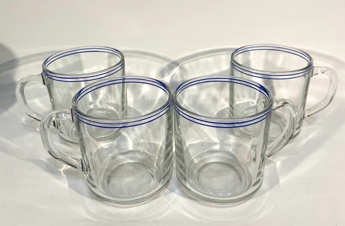 4 Arcoroc Cobalt Blue Double Banded Mugs Clear Glass Coffee Cups France EB44