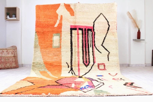 5'x9' Handmade Moroccan Rug - Geometric Berber Ivory Orange Vintage Wool Carpet
