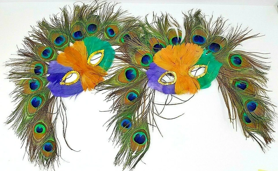 Juego de 2 máscaras de Mardi Gras de pavo real púrpura verde y dorado de Halloween Warrior Foto 3 de 4