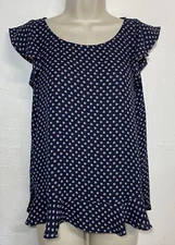 LOFT XS Blouse Navy Blue Pink Short Flutter Sleeve Scoop Neck Peplum