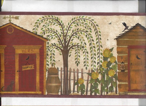 * WALLPAPER BORDER OUTHOUSE BATHROOM COUNTRY FOLK ART NEW ARRIVE PRIMITIVE BROWN - Picture 3 of 4