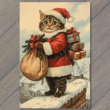 POSTCARD Cat Dressed Santa Sack Rooftop Holiday Christmas Presents Vintage Look