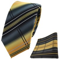 Schmale Tigertie Krawatte + Einstecktuch Gold Anthrazit Silber Schwarz Gestreift