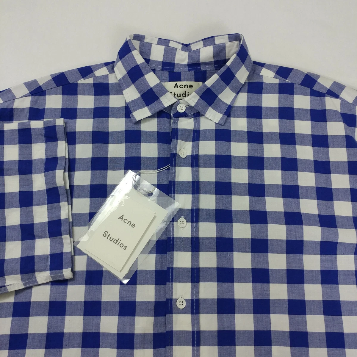 $370 Acne Studios Short Sleeve Button Up Shirt Cotton Linen Plaid Size 46  Men