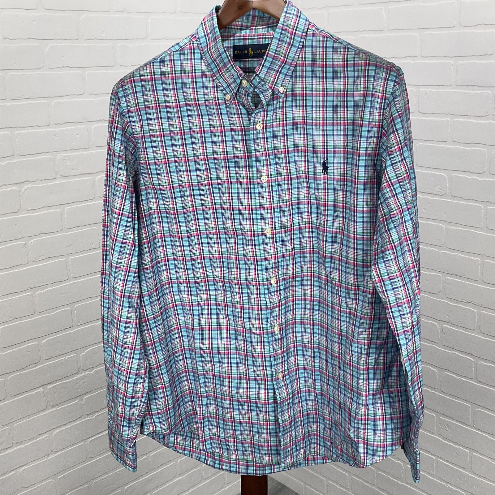 Ralph Lauren Camicia Uomo Grande Blu Rosa Verde Plaid Pastello Pony Preppy Classica