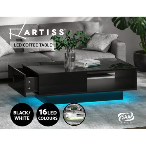 Artiss LED Coffee Table Storage Drawer Display Shelf High Gloss Modern Table - Picture 1 of 11