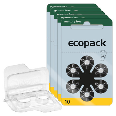30 Varta Ecopack hearing aid batteries PR70 yellow 10 + transport box for 2 c...