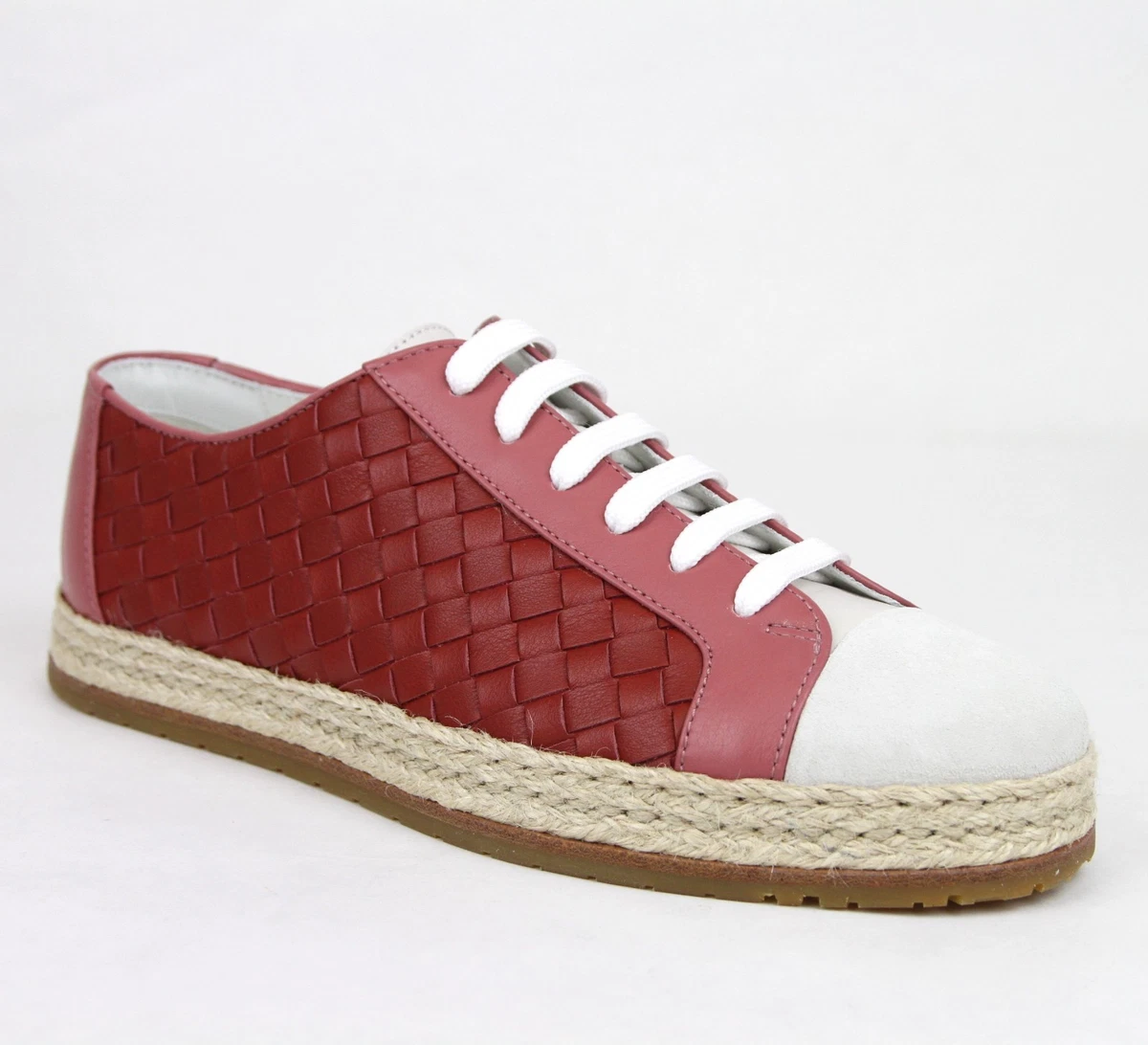 680 Bottega Veneta Women s Pink Red Leather Woven Sneakers 451689 5768