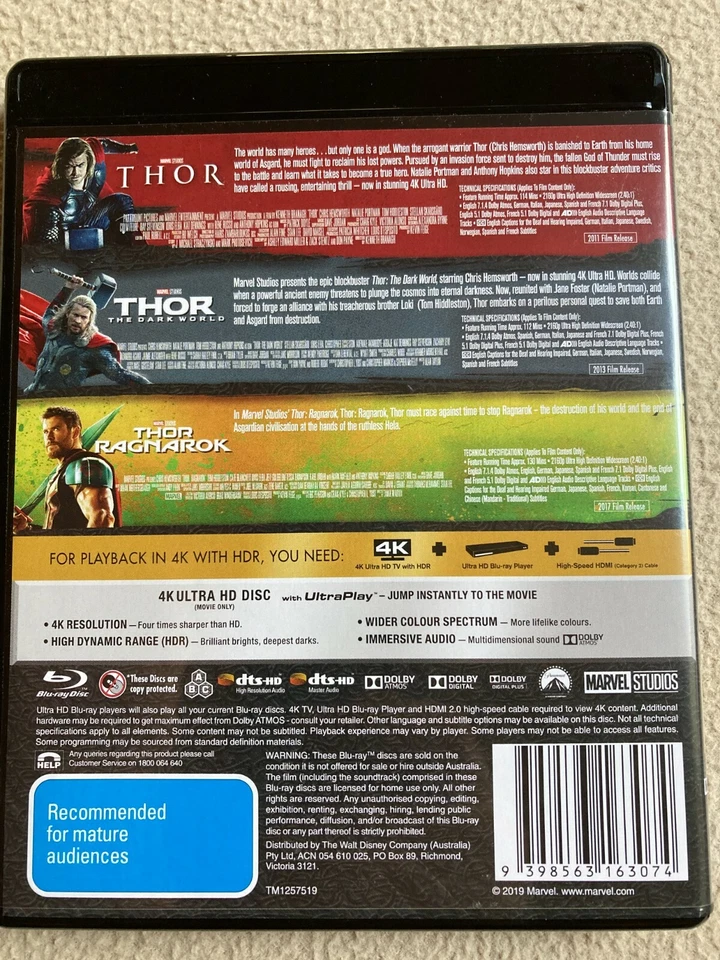 THOR 3 Movie Collection 4K Ultra HD Region B as new - Image 2 of 2