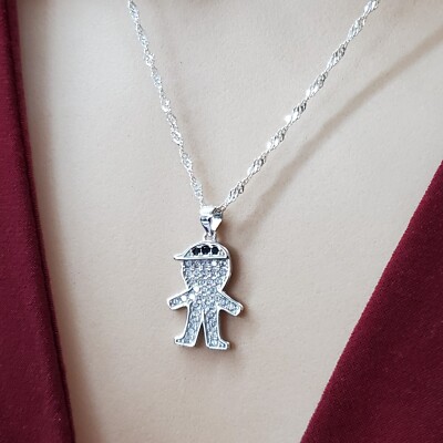 Real 925 Solid Sterling Clear CZ Boy Pendant Chain