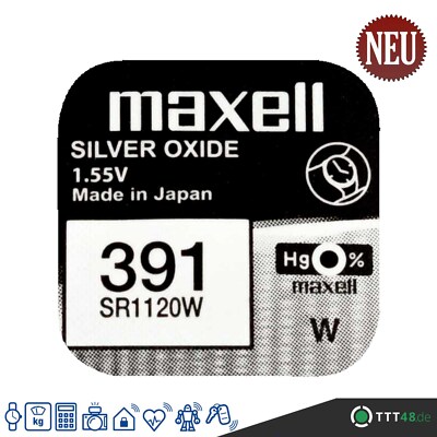 1 x Maxell 391 Knopfzelle Uhrenbatterie 1,55 V SR1120W SR55 55mAh Knopfzelle