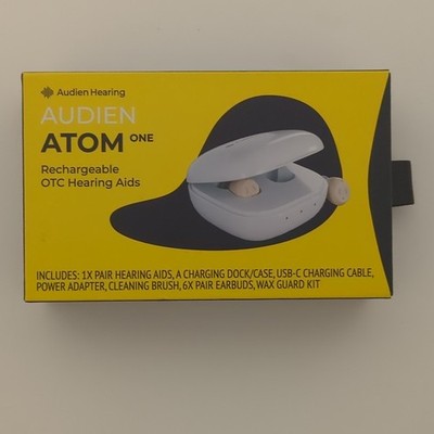 Open Box Audien Hearing Aid OTC Atom One, Rechargeable Open Box Never used