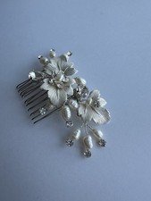 Brushed Silver Pearl Crystal Rhinestone Hair Comb Handmade Couture