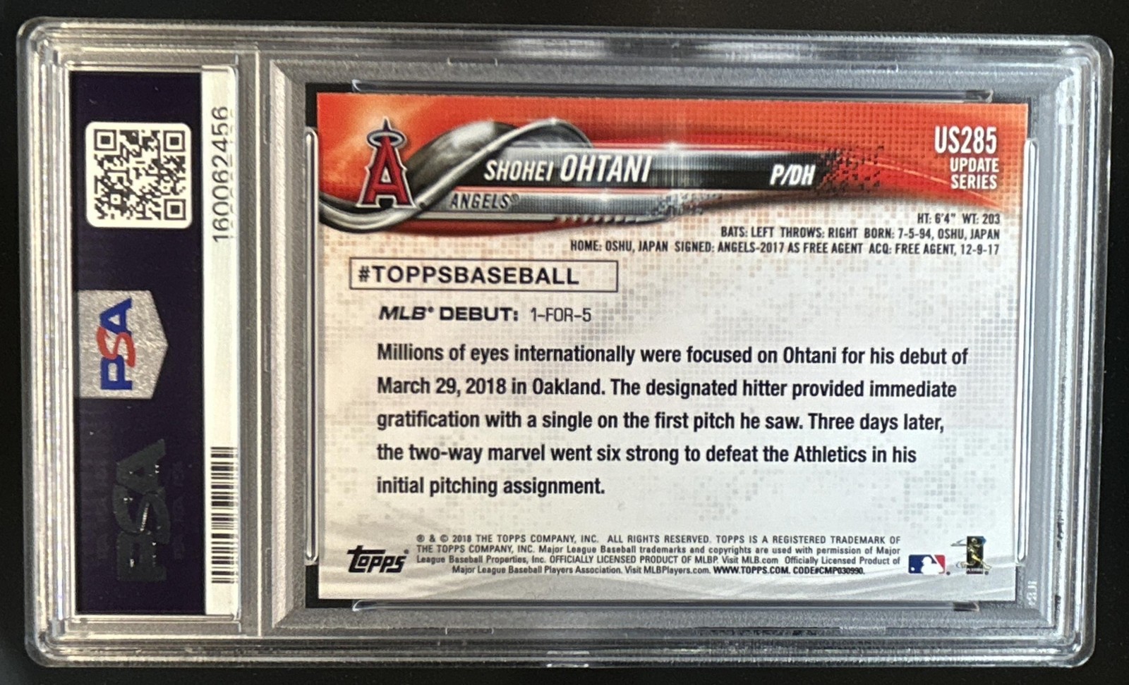 2018 Topps Update Shohei Ohtani RC Rookie #US285 Angels PSA 9 view 2