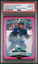 Quinn Hughes 2019 O-Pee-Chee Platinum Rookie Autographs Matte Pink PSA 10 #/99