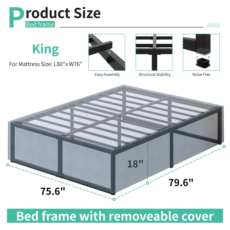 Marco de cama king de 18 pulgadas con falda de cubierta de cama de almacenamiento, metal resistente completo pl... Foto 2 de 4
