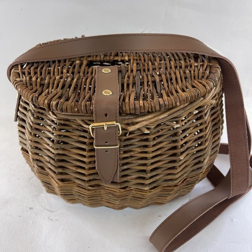 vintage style wicker creel foraging basket fishing Creel leather strap handle