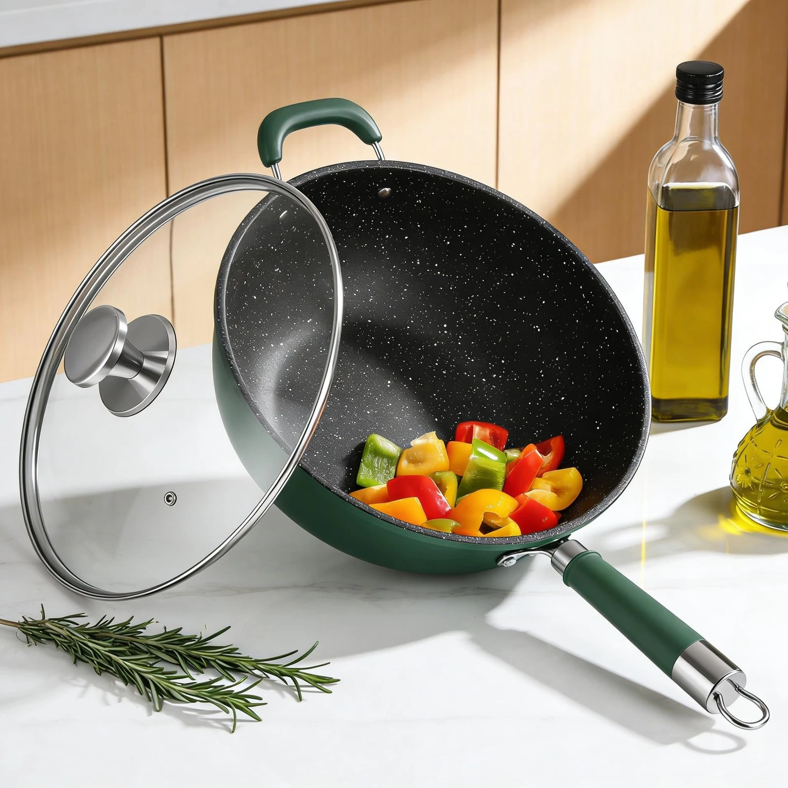 34cm Wok with Lid, Non Stick Mixing Pan, No Chemical Coating, Frying P...
