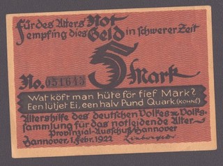 Hannover Provinzialausschuß; 5 Mark vom 1.2.1922; dickes Papier