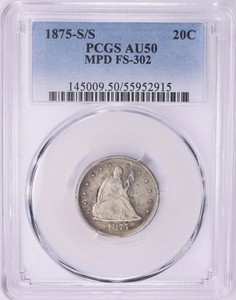 1 Of Only 4 Graded PCGS AU-50, 1875-S/S Twenty-Cent Piece Misplaced Digit FS-302