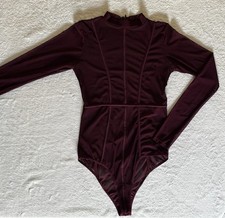 Burgundy Sheer Long Sleeve Mesh Bodysuit Women s Size Medium